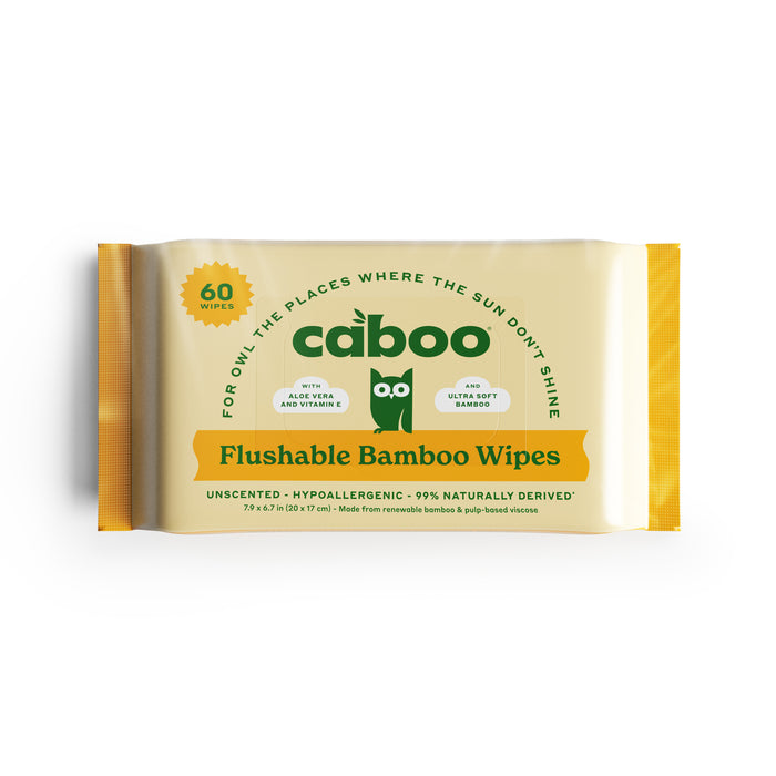 A yellow and white pack of Caboo Flushable Bamboo Wipes with 60 unscented, hypoallergenic wipes. The packaging features an owl logo, green and orange accents, and notes about aloe vera, vitamin E, and bamboo-derived fibers.