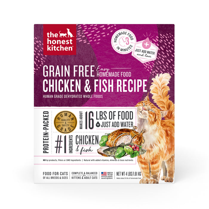 A box of The Honest Kitchen Grain Free Chicken & Fish Recipe dehydrated cat food, featuring images of a cat, chicken, fish, and vegetables. The packaging highlights natural ingredients and makes 16 lbs of food.