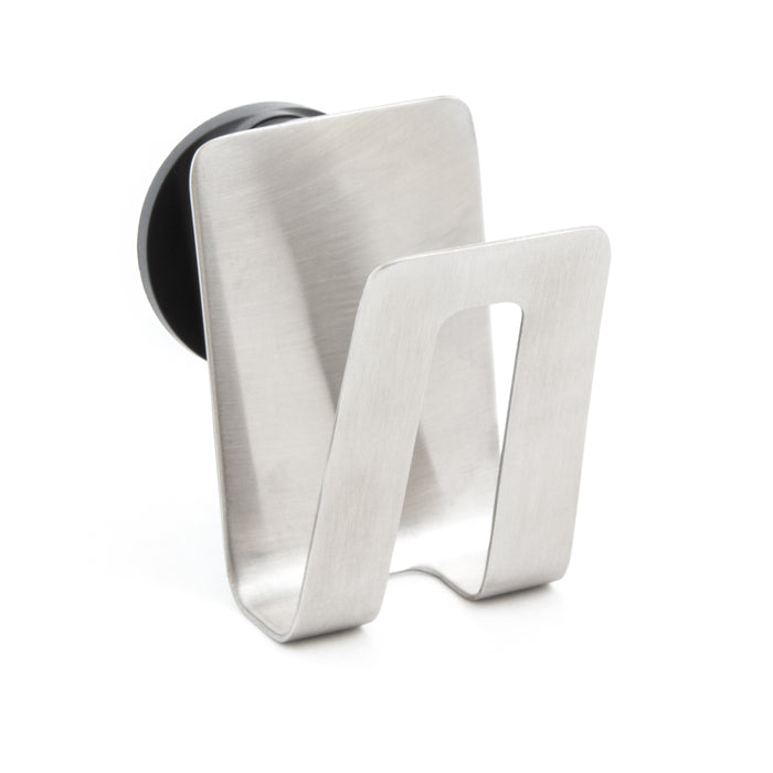 A brushed metal smartphone holder boasts a minimalist design, curved stand, round black base, and Magnet Fitting System. Ideal for desks or countertops paired with the HAPPY SiNKS Sponge Holder for tidy sponge storage.