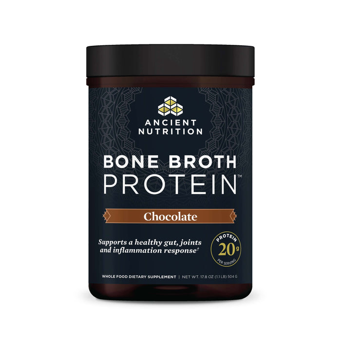 A jar of Ancient Nutrition Bone Broth Protein in chocolate flavor, featuring a brown and black label, and stating 20g of protein per serving. The label highlights gut, joint, and inflammation support.