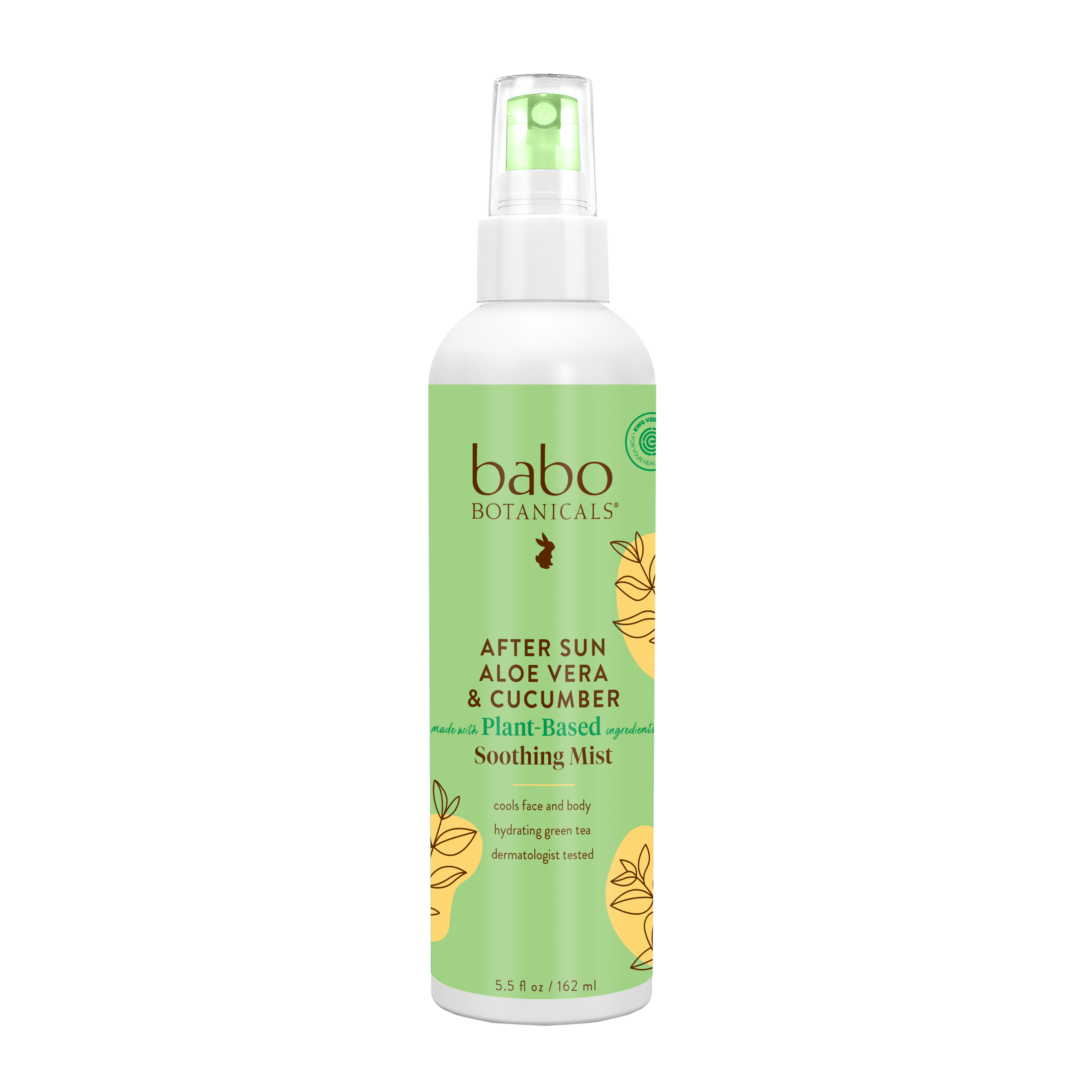 Babo Botanicals After Sun Aloe Vera & Cucumber Soothing Mist in a 5.5 fl oz spray bottle features a green and yellow label with leaf designs. Ideal for sensitive skin, it offers an alcohol-free, plant-based formula for gentle care.