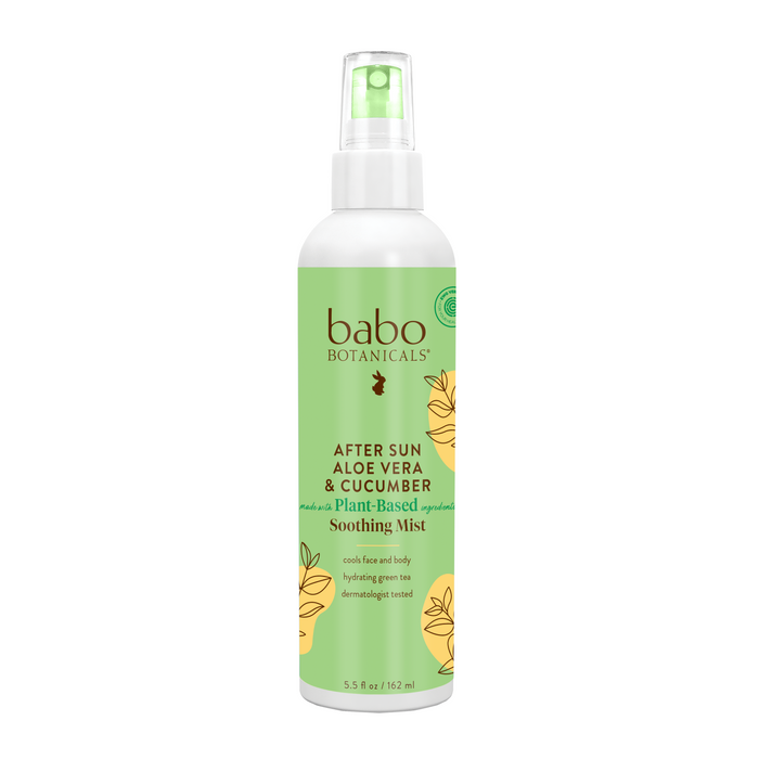 A white spray bottle of Babo Botanicals After Sun Aloe Vera & Cucumber Soothing Mist with yellow floral illustrations and green accents, containing 5.5 fl oz (162 ml).