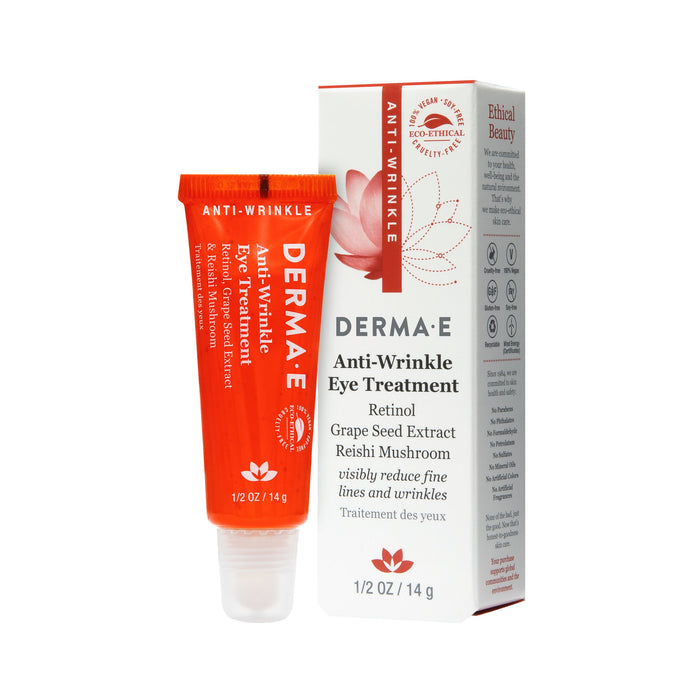 A red tube and white box of DERMA E Anti-Wrinkle Eye Treatment with retinol, grape seed extract, and reishi mushroom. The packaging highlights anti-wrinkle benefits and is 0.5 oz (14g).