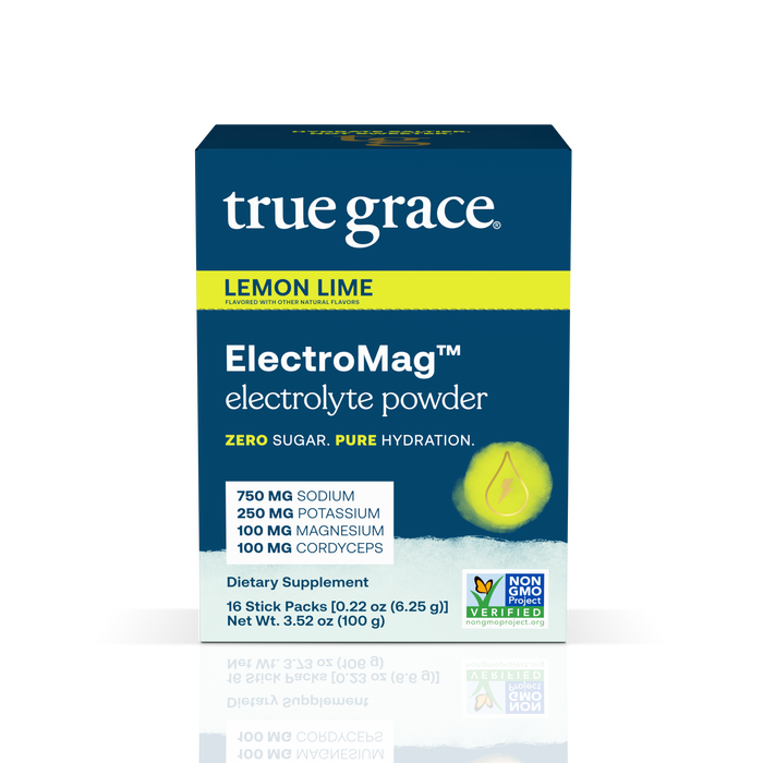 A box of True Grace ElectroMag Lemon Lime electrolyte powder, featuring supplement facts and claims of zero sugar, pure hydration, and non-GMO. The front lists sodium, potassium, magnesium, and cordyceps amounts.