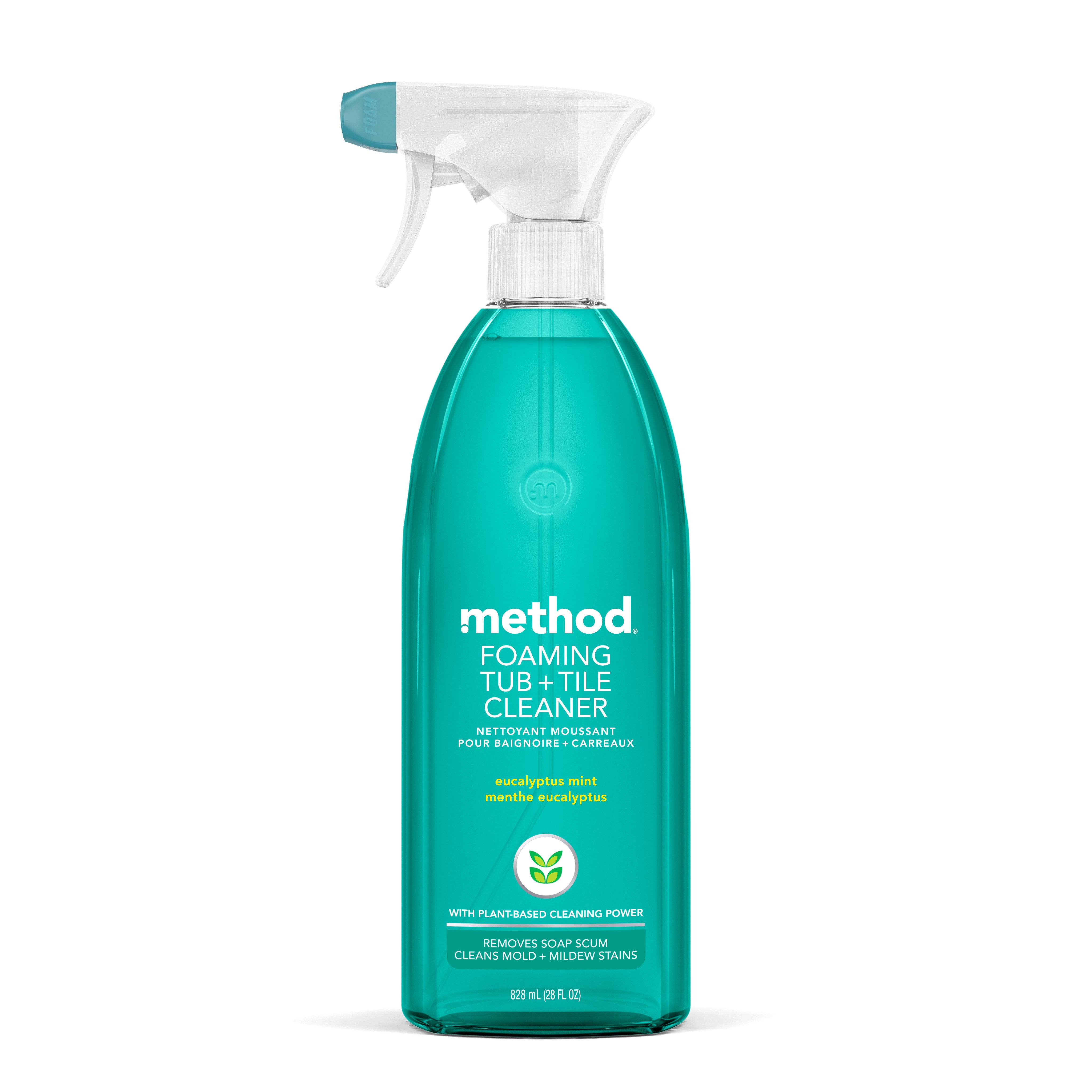 The Method Foaming Tub + Tile Cleaner features a trigger spray, turquoise-green label, eucalyptus mint scent, and highlights its plant-based cleaning power, bleach-free formula, and soap scum removal capabilities.