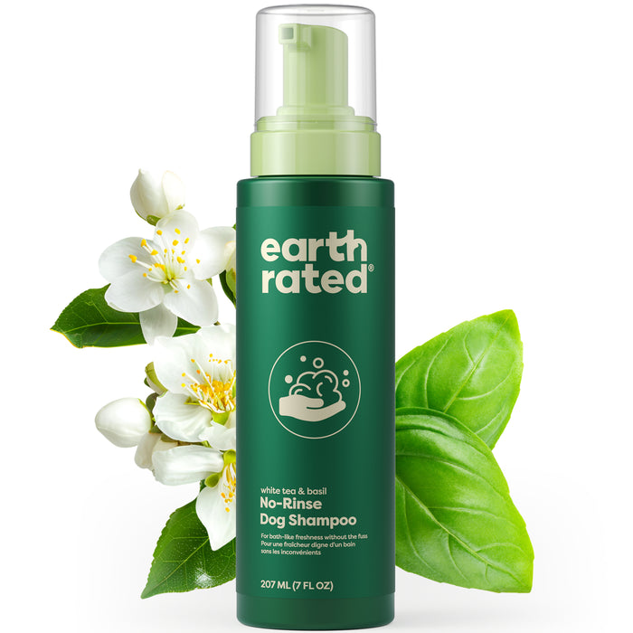 A green bottle of Earth Rated No-Rinse Dog Shampoo with a pump top, labeled white tea & basil scent, is shown next to white tea blossoms and basil leaves. The bottle contains 207 ml (7 fl oz).