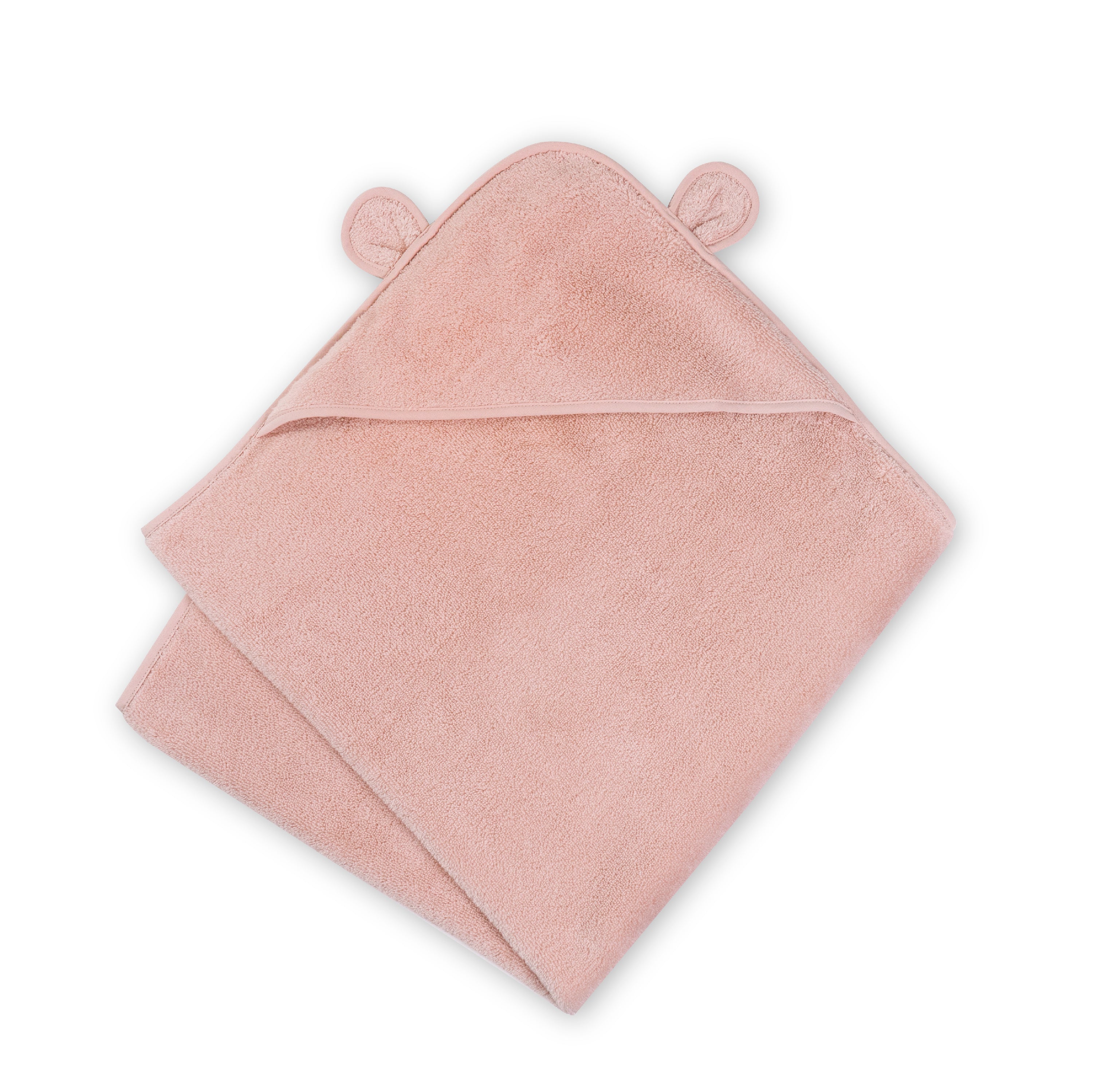 The Natemia GOTS Certified, 100% Organic Cotton Hooded Baby Towel is ultra-soft and absorbent, peach-colored with small round ears on top. Its neatly folded on a white background, ensuring quality and safety for your baby.