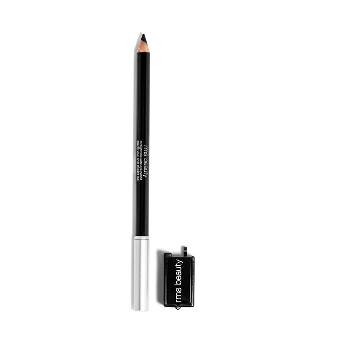 A black RMS Beauty eyeliner pencil with a silver cap, shown next to a matching sharpener on a white background.