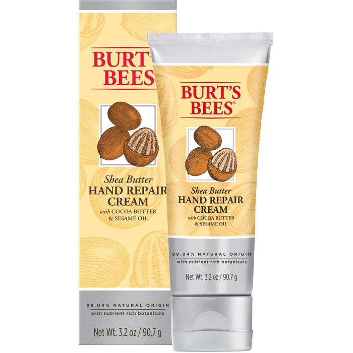 A tube and box of Burts Bees Shea Butter Hand Repair Cream, featuring illustrations of shea nuts. The label highlights cocoa butter, sesame oil, and that the product is 99.04% natural origin, 3.2 oz.
