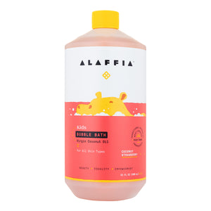 The Alaffia Kids Bubble Bath features a bright Virgin Coconut Oil label with a playful yellow hippo on a red background, emphasizing its sulfate-free Coconut Strawberry scent. Its suitable for all skin types and is topped with a vivid yellow cap.