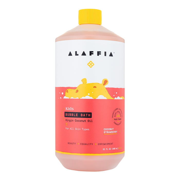 A bottle of Alaffia Kids Bubble Bath with virgin coconut oil in coconut strawberry scent. The label features a yellow hippo illustration and states it is suitable for all skin types. The bottle holds 32 fl oz.