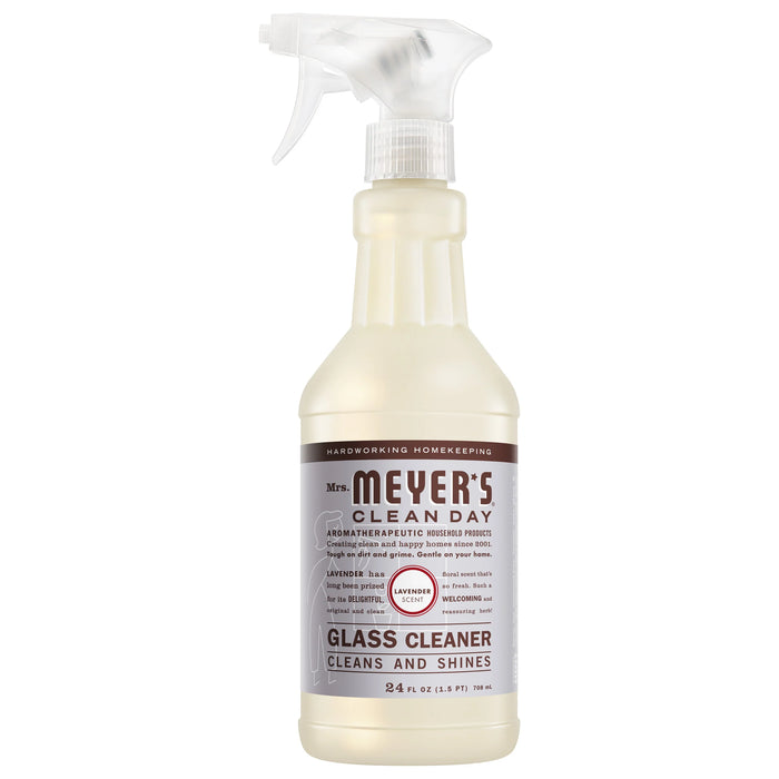 Here’s your sentence, rewritten with the given product data: A 24 fl oz bottle of Mrs. Meyer’s Glass Cleaner in the soothing lavender scent. This ammonia-free formula cleans and shines glass surfaces while leaving behind a fresh, calming fragrance. The off-white bottle features a clear trigger spray top for both style and practicality.