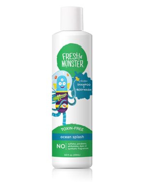 Front view of a white Fresh Monster Kids Body Wash & Shampoo 2in1 bottle with a cartoon space-suited octopus holding a toothbrush. The hypoallergenic, dermatologist-tested product is toxin-free, free from sulfates and parabens, and has an ocean splash scent.