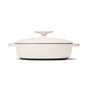 A white, round, enameled cast iron Dutch oven with a matching lid and two side handles, shown against a plain white background.
