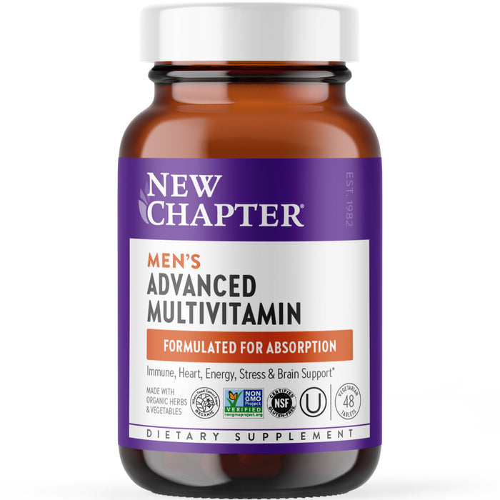 A brown bottle of New Chapter Mens Advanced Multivitamin with a purple and white label, highlighting benefits like immune, heart, energy, stress, and brain support. The bottle displays various certification logos.