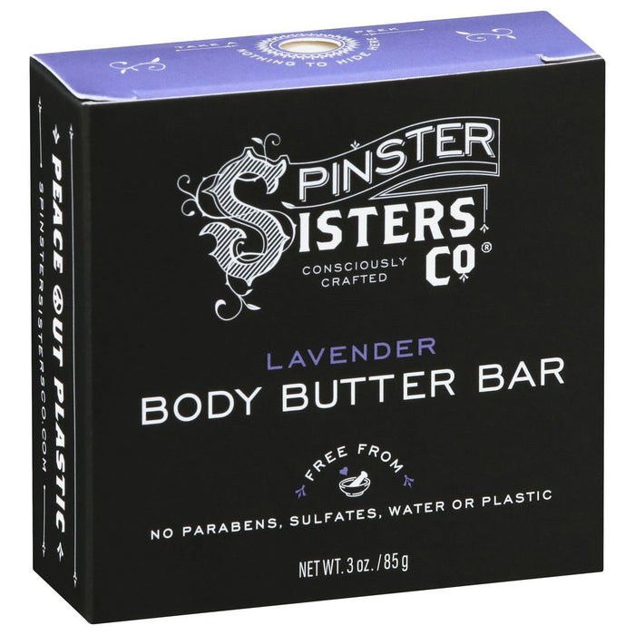 A black box of Spinster Sisters Co. Lavender Body Butter Bar, labeled Consciously Crafted. The packaging highlights that it is free from parabens, sulfates, water, or plastic. The net weight is 3 oz (85 g).