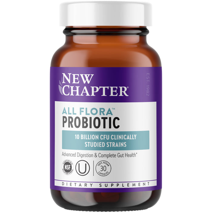 A brown bottle of New Chapter All Flora Probiotic dietary supplement with a purple and white label, featuring details like 10 billion CFU studied strains and NSF, kosher, and 30-capsule certification symbols.