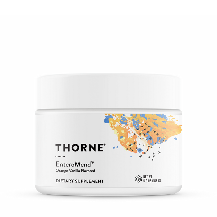 A white container of Thorne EnteroMend dietary supplement with orange vanilla flavor, featuring an abstract orange and yellow design with small black star accents on the label. Net weight 5.9 oz (168g).