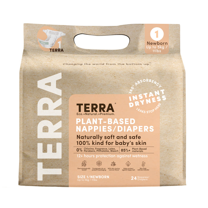 A package of TERRA plant-based newborn nappies/diapers, size 1 for up to 5kg (11lbs), featuring eco-friendly claims, 24 nappies, and highlighting instant dryness, leak protection, and gentle materials for babies.