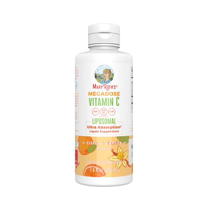 A white bottle of MaryRuth’s Megadose Vitamin C Liposomal liquid supplement, citrus vanilla flavor, with orange and lemon illustrations on the label and a white screw cap on top.