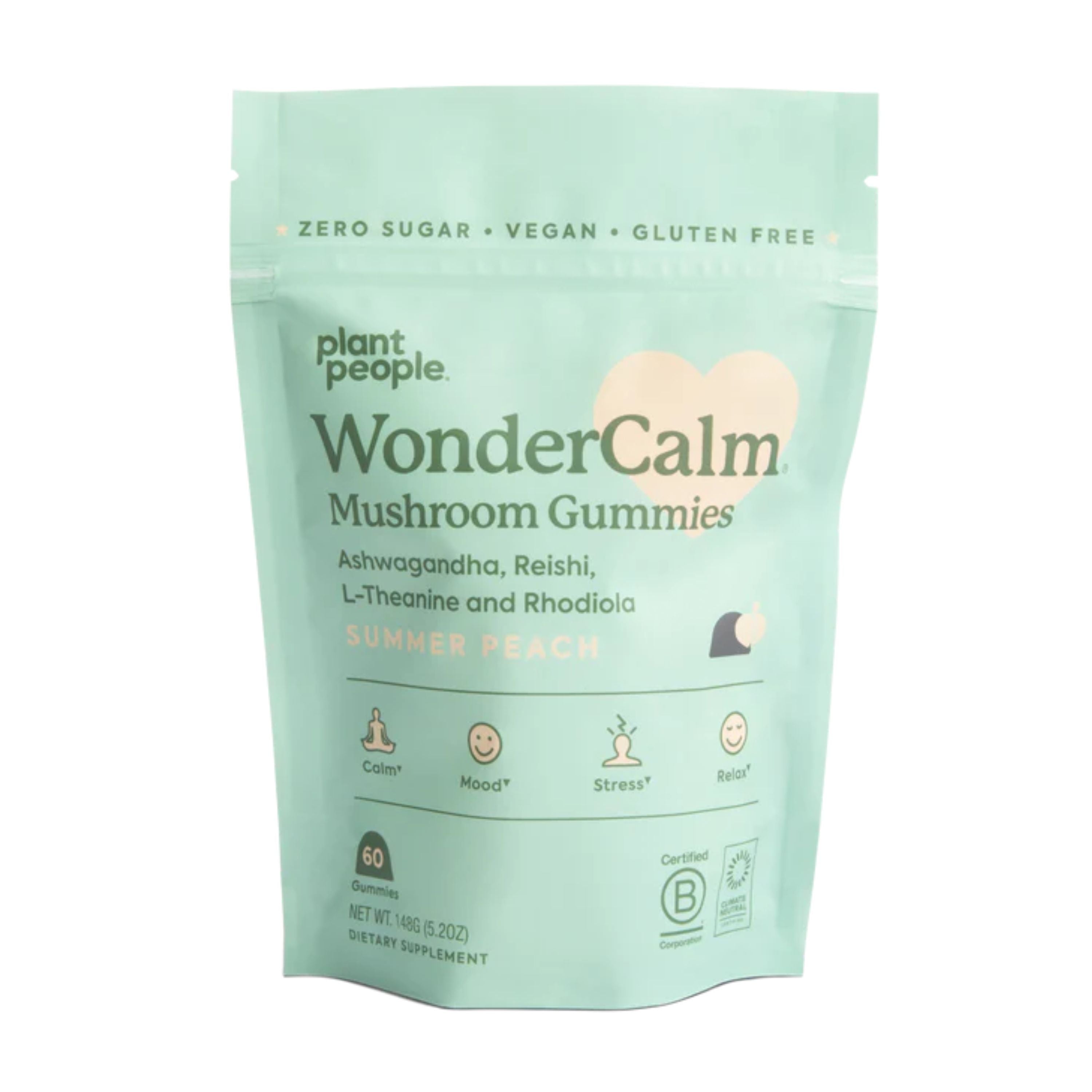 A light teal pouch of Plant People WonderCalm Mushroom Gummies, labeled as vegan, gluten-free, and zero sugar. The packaging highlights ingredients like Ashwagandha and Reishi and contains 60 summer peach-flavored gummies.