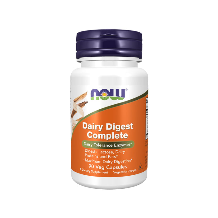 A white bottle of NOW Dairy Digest Complete dietary supplement with an orange label, purple cap, and text highlighting enzymes for dairy digestion, containing 90 vegetarian capsules.