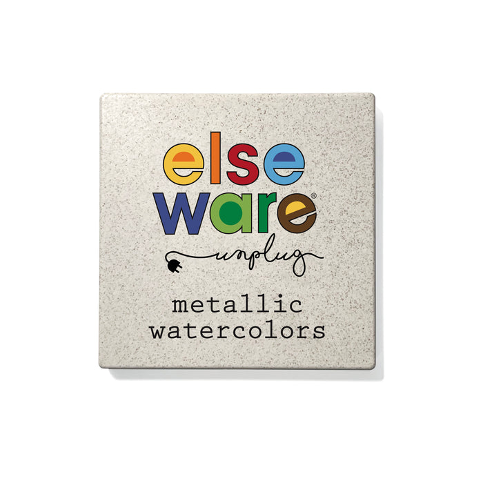 The Elseware Unplug square case showcases Metallic Watercolors in black text with vibrant metallic colors on a speckled background, uniting art and creativity.