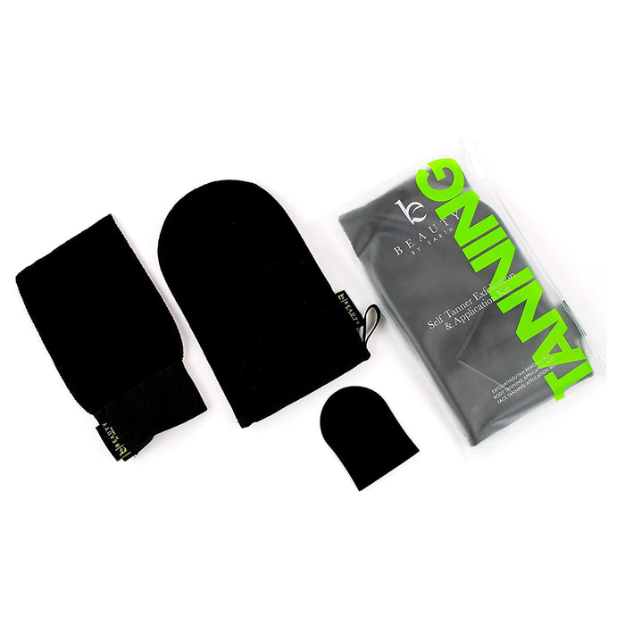 Three black tanning mitts of different sizes and a clear package labeled TANNING in green text are arranged on a white background. The package contains a soft fabric face & body application mitt set.