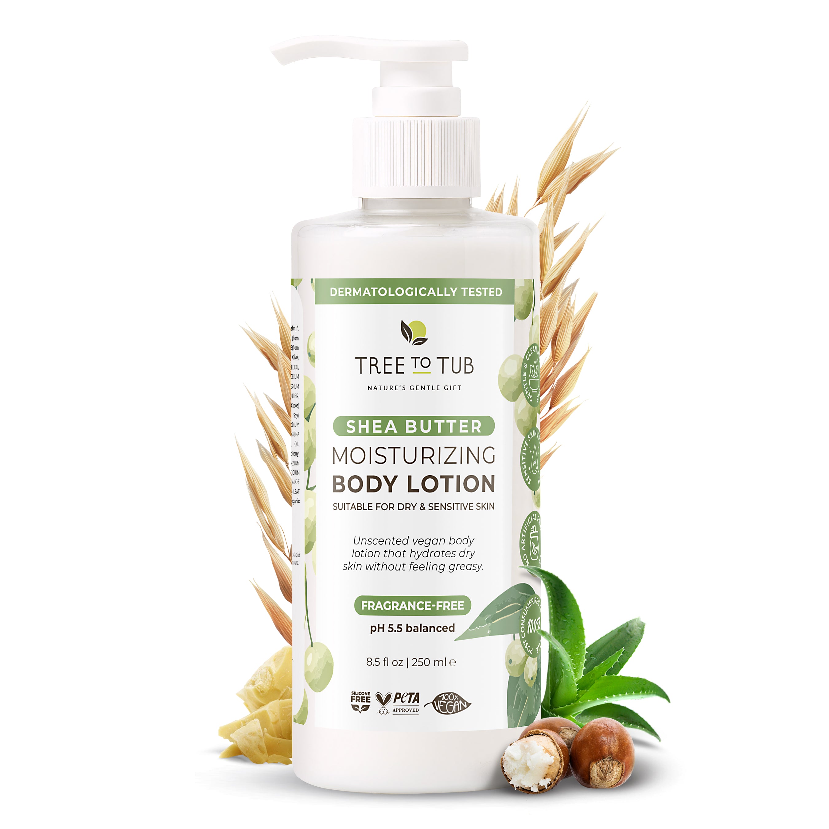 Experience the Ultra Gentle Lotion for Sensitive Skin with Aloe by Tree To Tub, ideal for dry, sensitive skin. This 8.5 fl oz bottle blends oats, aloe vera, and shea nuts in a non-greasy formula. Enjoy the purity of Unscented Lotion without any added fragrance.