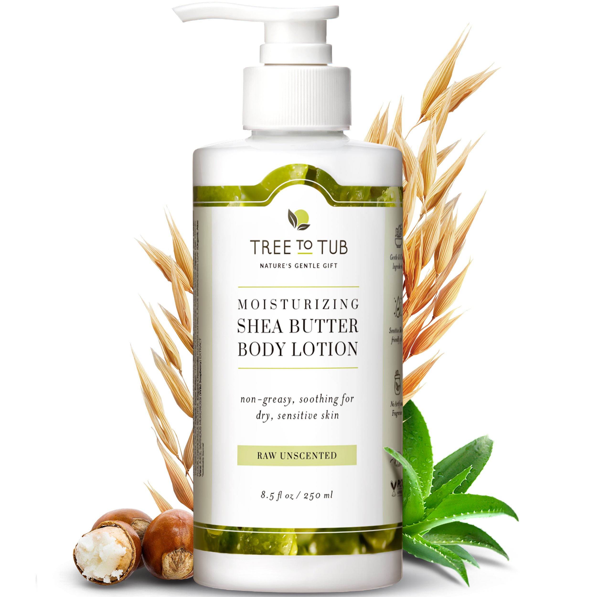 Experience the Ultra Gentle Lotion for Sensitive Skin with Aloe by Tree To Tub, ideal for dry, sensitive skin. This 8.5 fl oz bottle blends oats, aloe vera, and shea nuts in a non-greasy formula. Enjoy the purity of Unscented Lotion without any added fragrance.