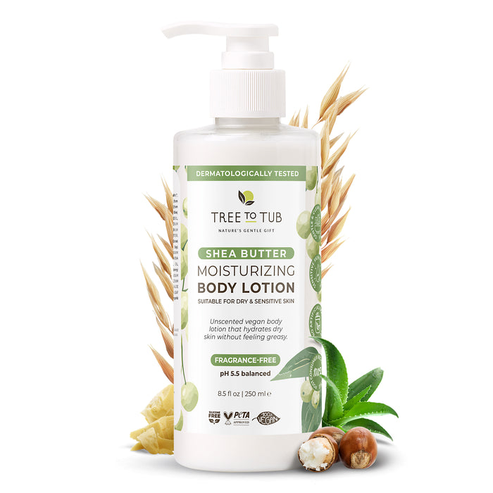 Experience the Ultra Gentle Lotion for Sensitive Skin with Aloe by Tree To Tub, ideal for dry, sensitive skin. This 8.5 fl oz bottle blends oats, aloe vera, and shea nuts in a non-greasy formula. Enjoy the purity of Unscented Lotion without any added fragrance.