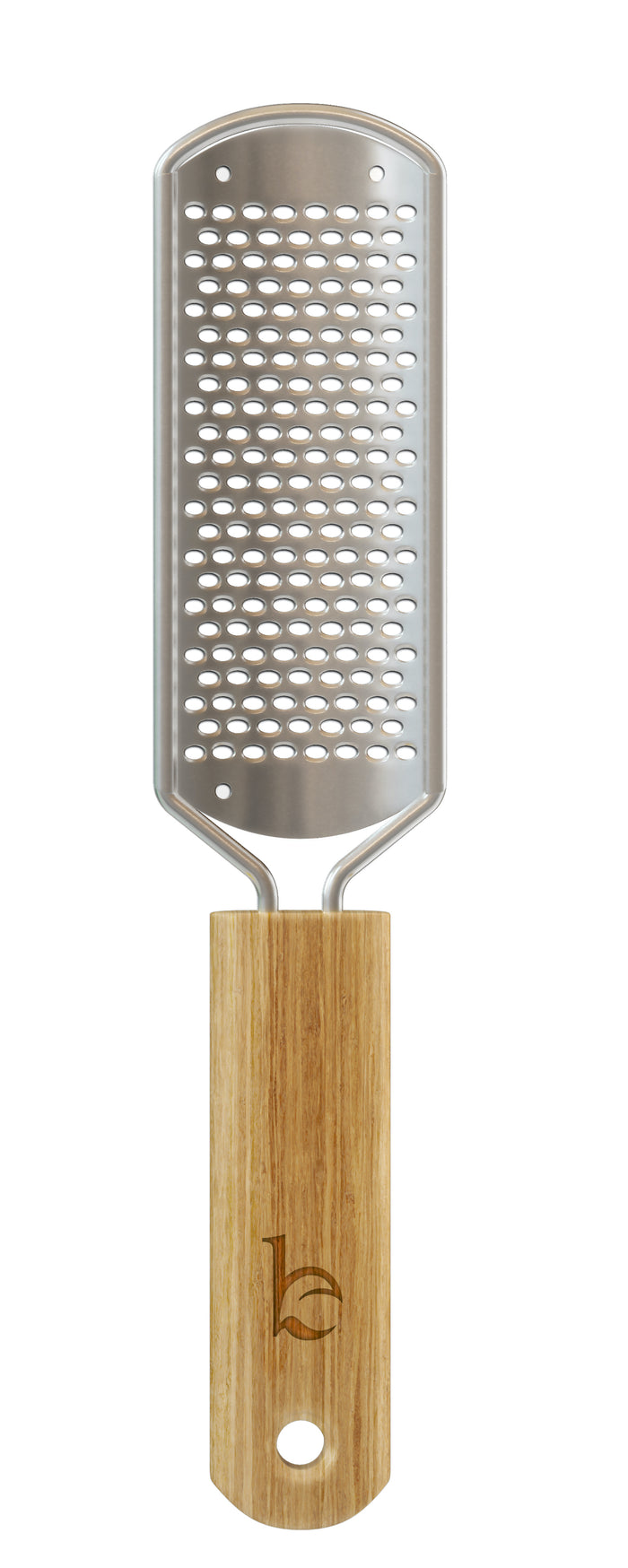 A metal cheese grater with a rectangular stainless steel grating surface and a light brown wooden handle featuring a small engraved logo and a hole at the end for hanging.