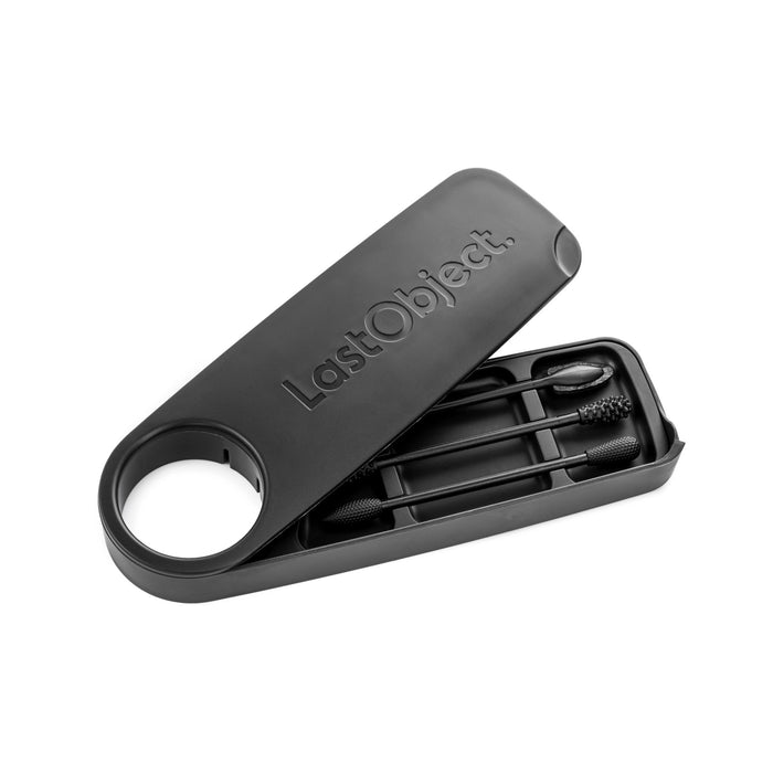 A black reusable swab case labeled LastObject, opened to reveal two reusable swabs inside, each with textured ends for cleaning.