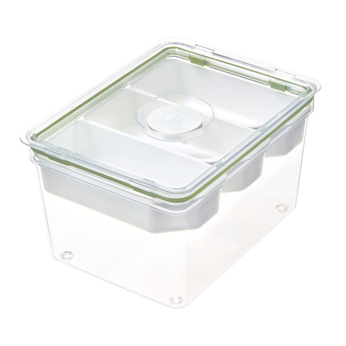 A clear rectangular plastic food storage container with a fitted transparent lid and green silicone seal, shown on a white background.