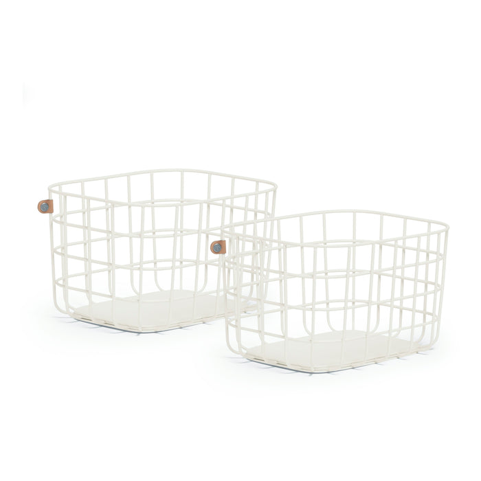 Two white wire storage baskets with rectangular bases and rounded corners, placed side by side on a white background. Each basket has a small circular tag attached to the rim.