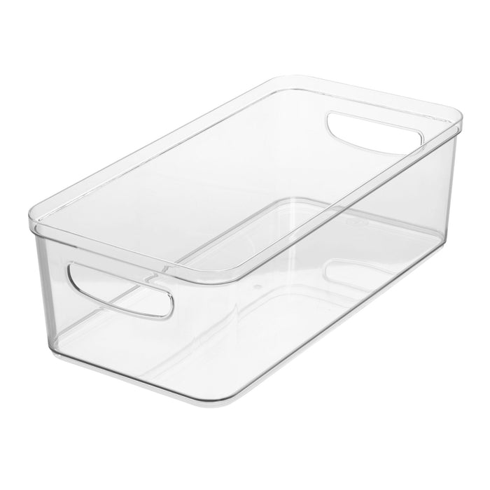 A clear, rectangular plastic storage bin with rounded edges and built-in handles on the shorter sides.