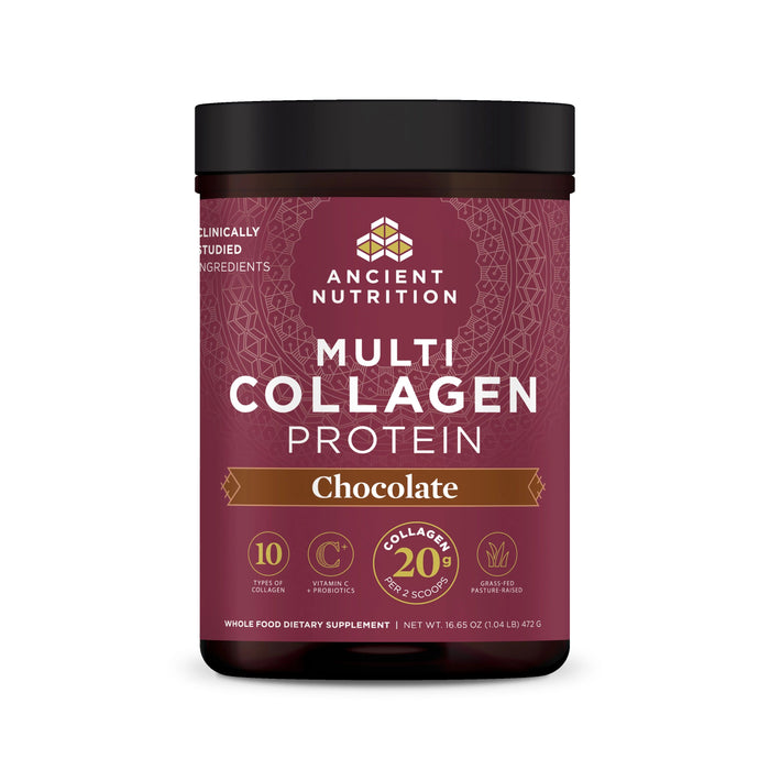 A container of Ancient Nutrition Multi Collagen Protein powder in chocolate flavor, featuring benefits like 10 types of collagen, vitamin C, 20g collagen per 2 scoops, and a net weight of 16.56 oz (1 lb 0.56 oz) / 470g.