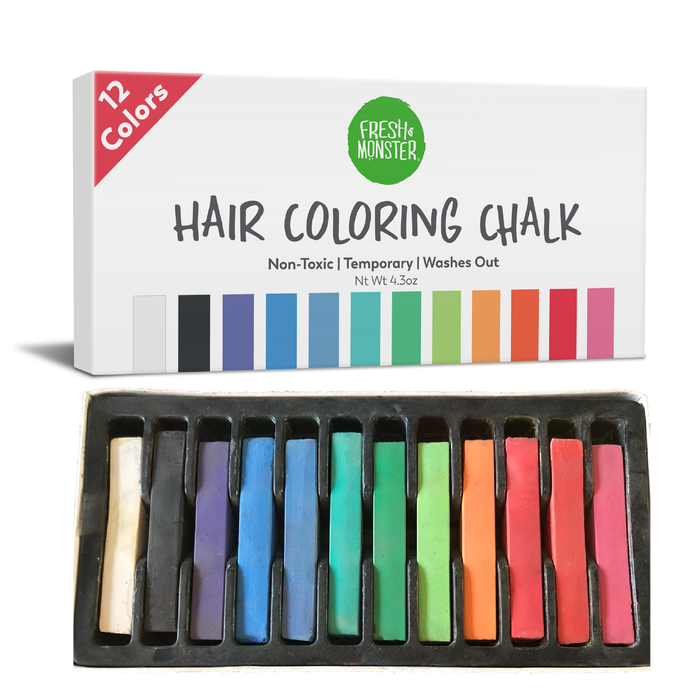 A box of Fresh Monster Hair Coloring Chalk with 12 non-toxic, temporary, washable colors. The open tray shows rectangular chalk pieces in various shades, including white, gray, blue, green, pink, red, and orange.