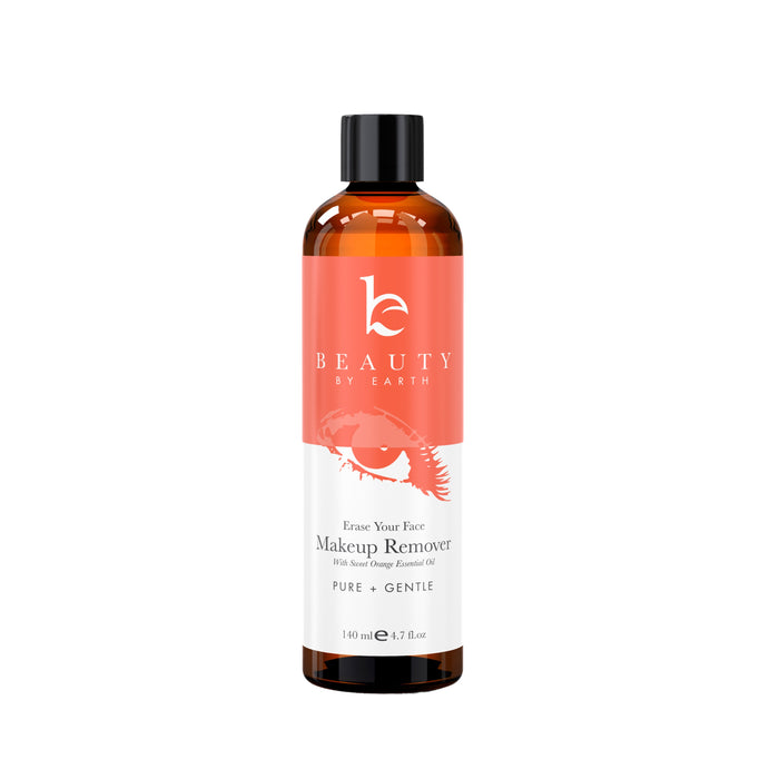 A bottle of Beauty by Earth Erase Your Face Makeup Remover, featuring a brown cap, orange and white label, and text highlighting pure and gentle ingredients, including sweet orange essential oil.