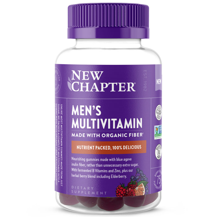 A bottle of New Chapter Mens Multivitamin gummies with a purple label and cap. The label highlights organic fiber, B vitamins, zinc, and berry ingredients, and shows the gummies inside at the bottom.