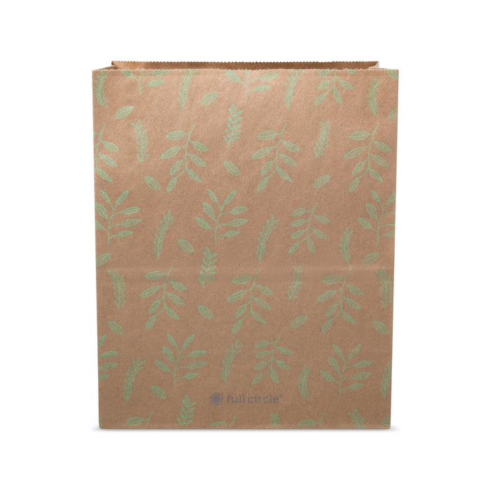 A brown paper bag with a green leafy pattern and the words full circle printed near the bottom center. The bag is standing upright against a white background.