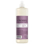 A bottle of Mrs. Meyer's Dish Soap stands upright on a white background, featuring a purple label and white cap, with text highlighting its natural degreaser properties.