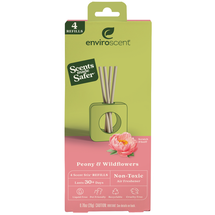 EnviroScent Peony & Wildflowers air freshener package with four scent stick refills, a green scent holder, and a pink floral design. Highlights non-toxic, pet-friendly, and recyclable features.