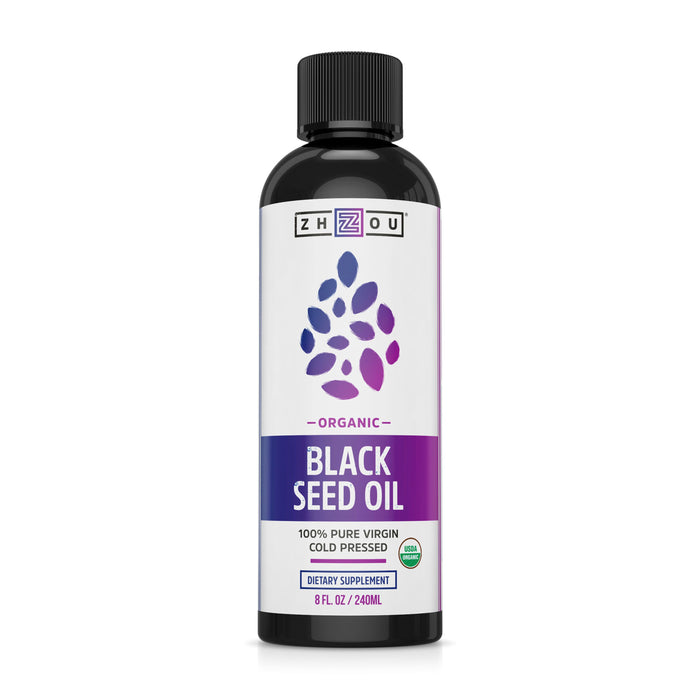 A bottle of Zhou Organic Black Seed Oil dietary supplement, labeled as 100% pure virgin cold pressed, 8 fl oz (240 mL), with a purple and white design.
