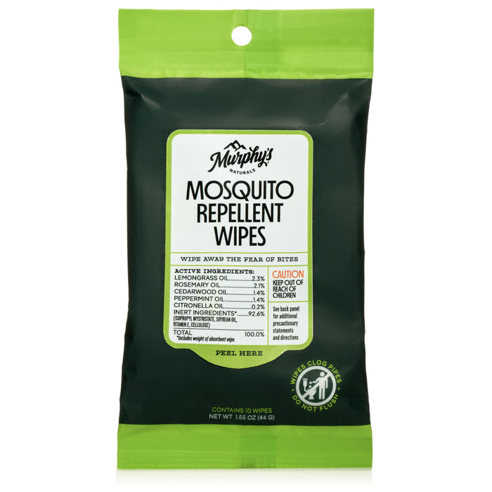 A package of Murphy’s Naturals Mosquito Repellent Wipes with a green and black design, listing active ingredients and product details. The text on the package emphasizes natural oils and cautions to read all labels.