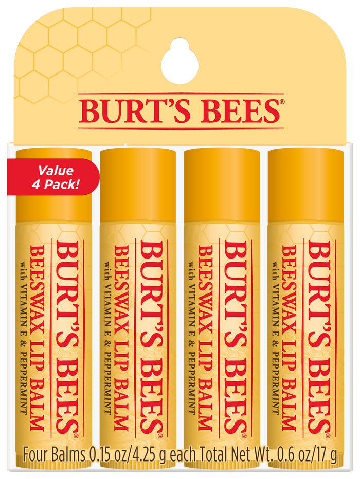 Four tubes of Burt’s Bees Beeswax Lip Balm with Vitamin E & Peppermint, packaged together in a yellow and orange “Value 4 Pack” set. Text highlights the product’s natural ingredients.