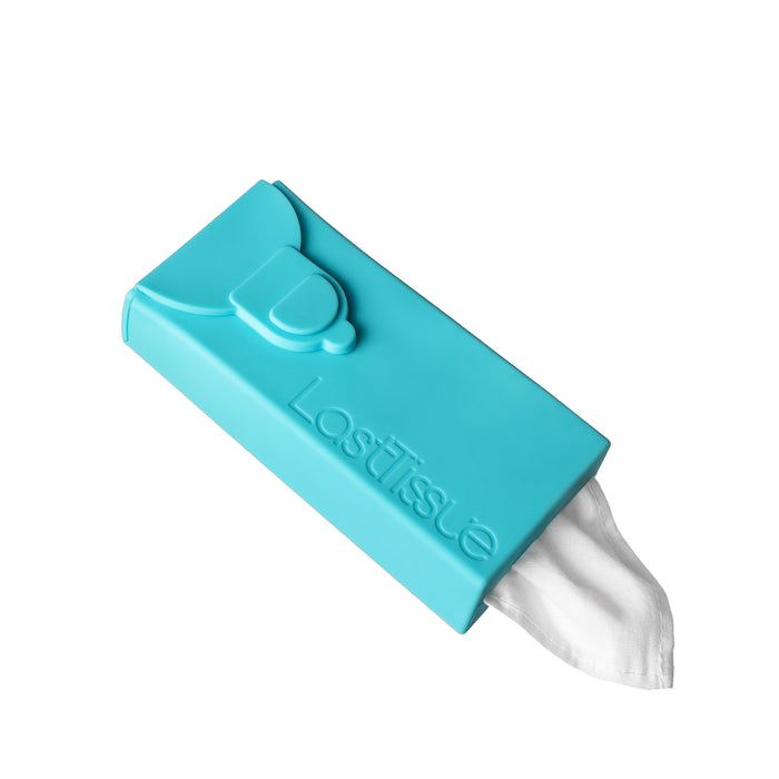 A turquoise reusable tissue case labeled LastTissue with a white tissue partially pulled out, set against a white background.