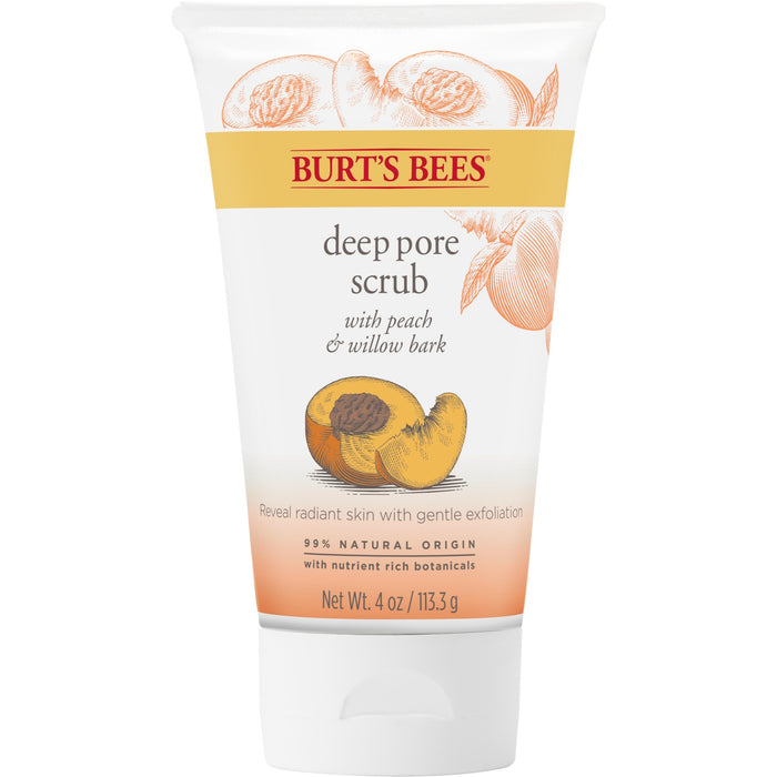A tube of Burt’s Bees Deep Pore Scrub with peach and willow bark, featuring images of peaches and the product name on a white and orange label. The tube contains 4 oz (113.3 g).