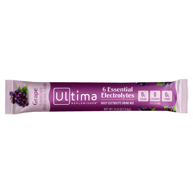 A single-serve stick pack of Ultima Replenisher Grape flavored drink mix, labeled with 6 Essential Electrolytes, 0g sugar, 0 calories, and 0g carbs, with grape images and purple accents.