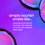 Close-up of coconut halves on a vibrant purple and pink background, with white text in the center describing method's Hydrating Serum Hand Wash scent as coconut, rice milk, and shea butter for nourished skin.
